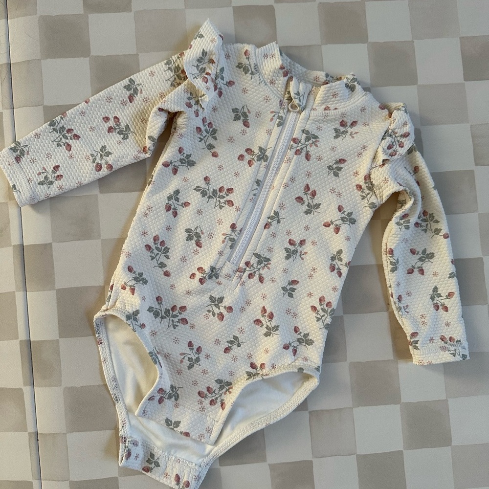 Quincy Mae Floral Ruffle Long Sleeve Swimsuit - Cream and Pink